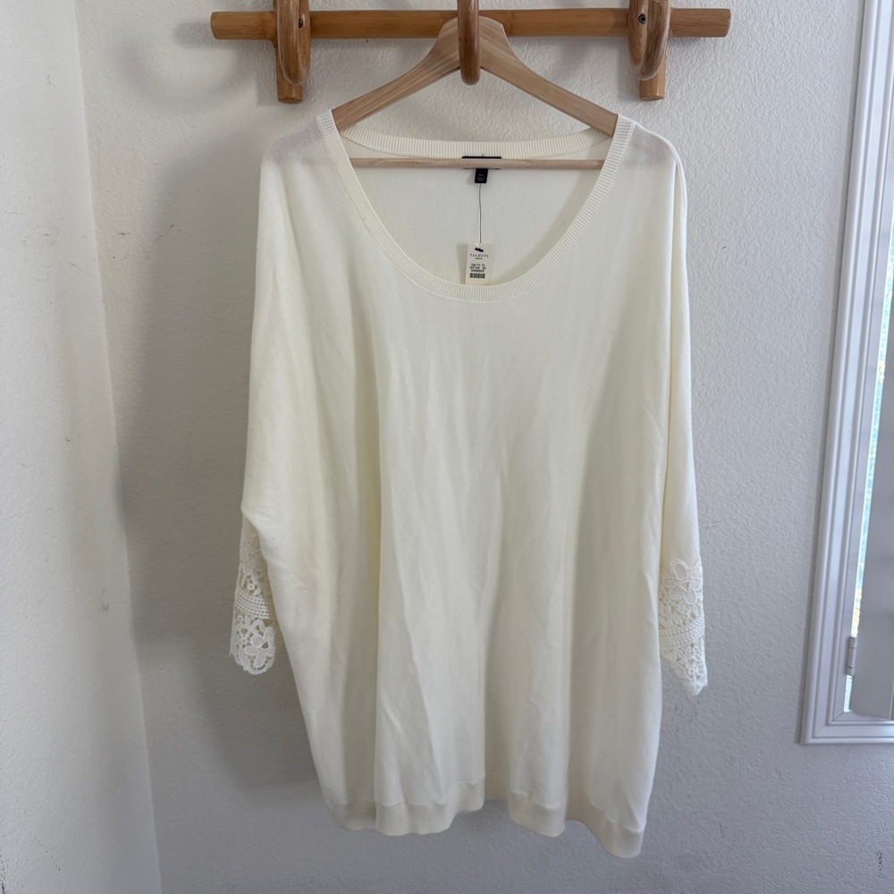 NWOT Talbots 3/4 Sleeve Lace Trim Blouse Womens Size 3X Ivory Cozy Knit